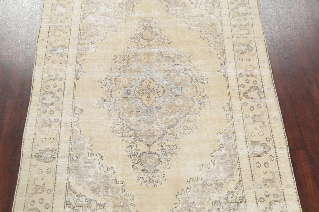 Vintage Distressed Tabriz Beige Persian Area Rug 7x10