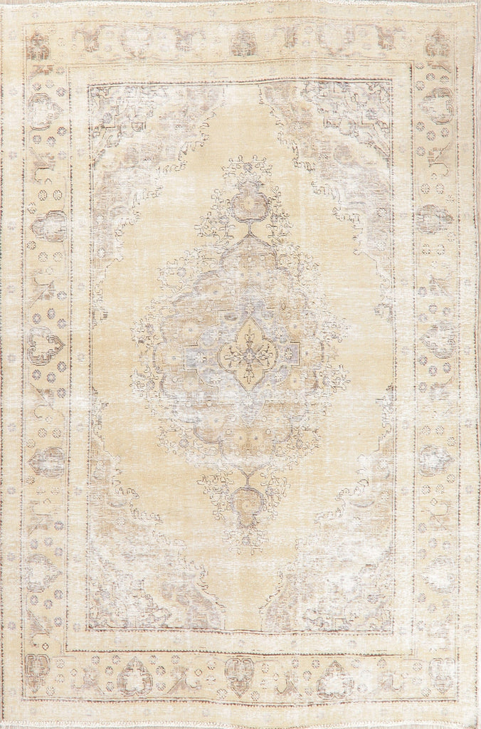 Vintage Distressed Tabriz Beige Persian Area Rug 7x10