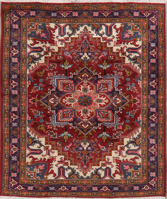 Geometric Red Heriz Persian Area Rug 5x6