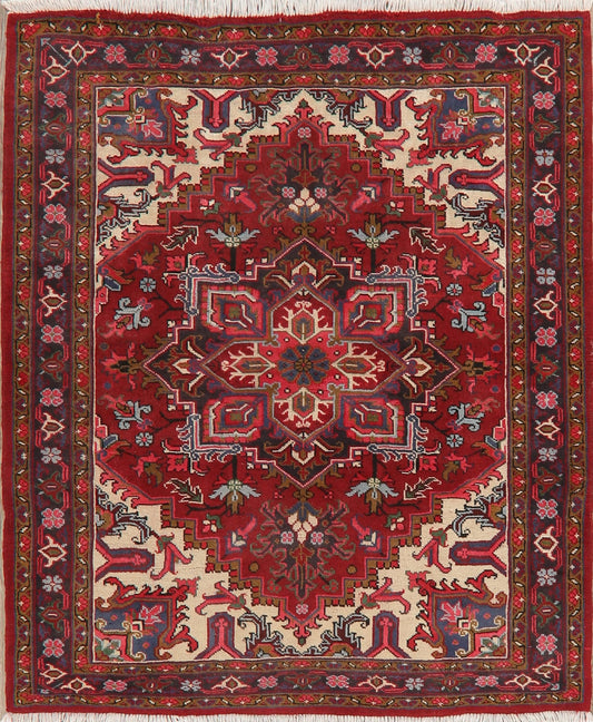 Geometric Red Heriz Persian Area Rug 5x6