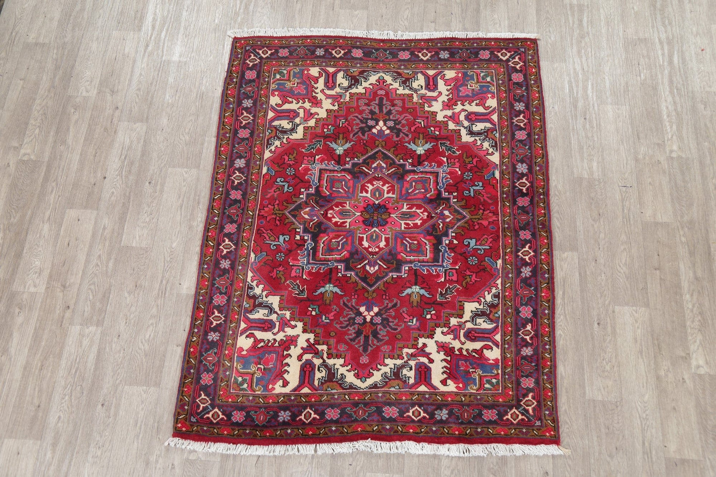 Geometric Red Heriz Persian Area Rug 5x6