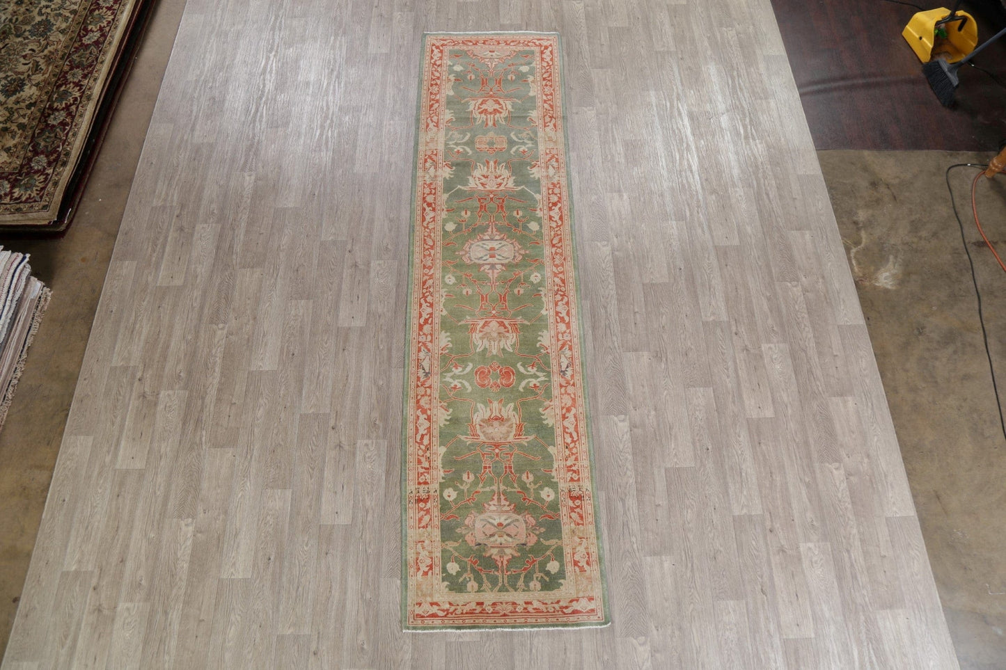 Vegetable Dye Green Oushak Turkish Runner Rug 3x12