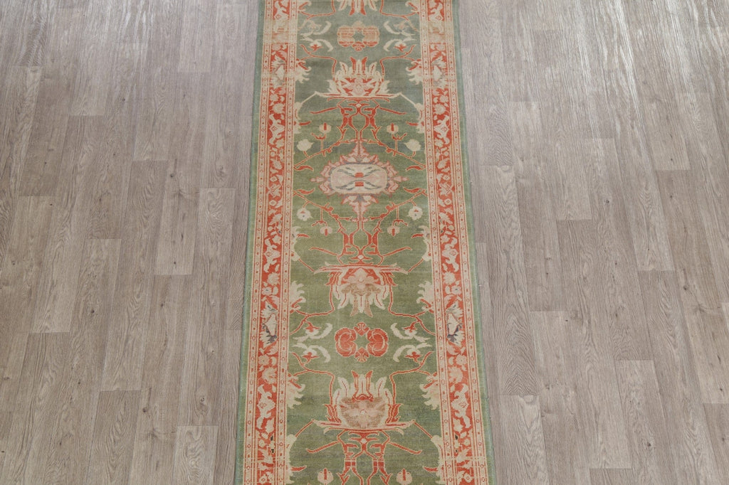 Vegetable Dye Green Oushak Turkish Runner Rug 3x12