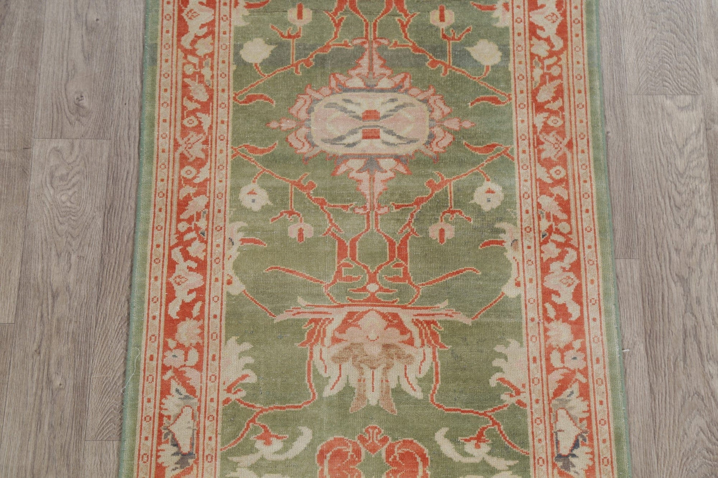 Vegetable Dye Green Oushak Turkish Runner Rug 3x12