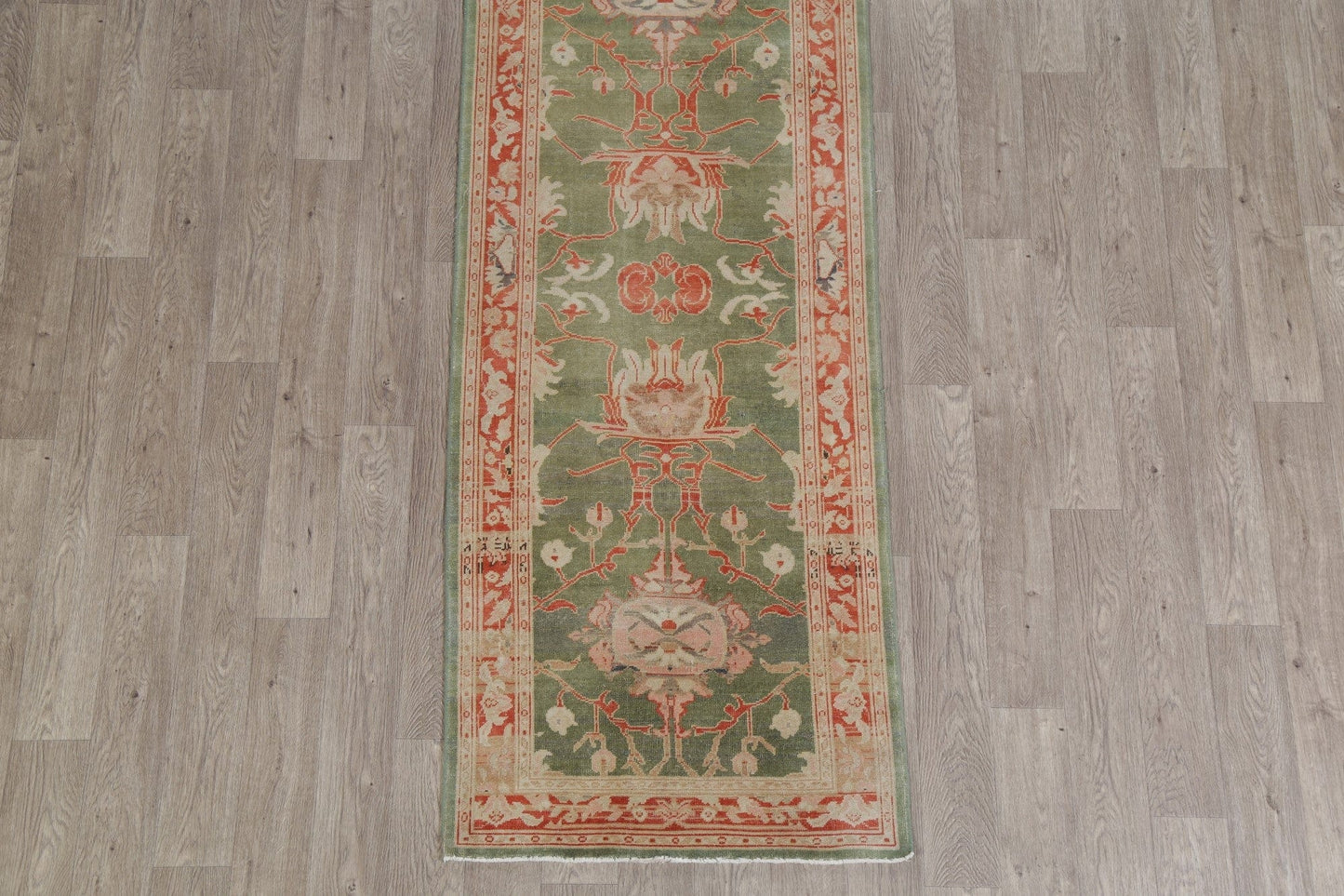 Vegetable Dye Green Oushak Turkish Runner Rug 3x12