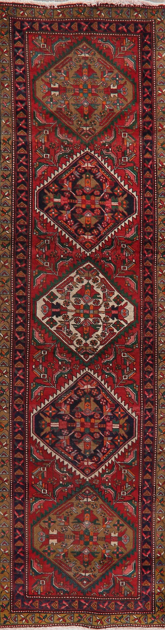 Geometric Red Heriz Serapi Persian Runner Rug 3x11