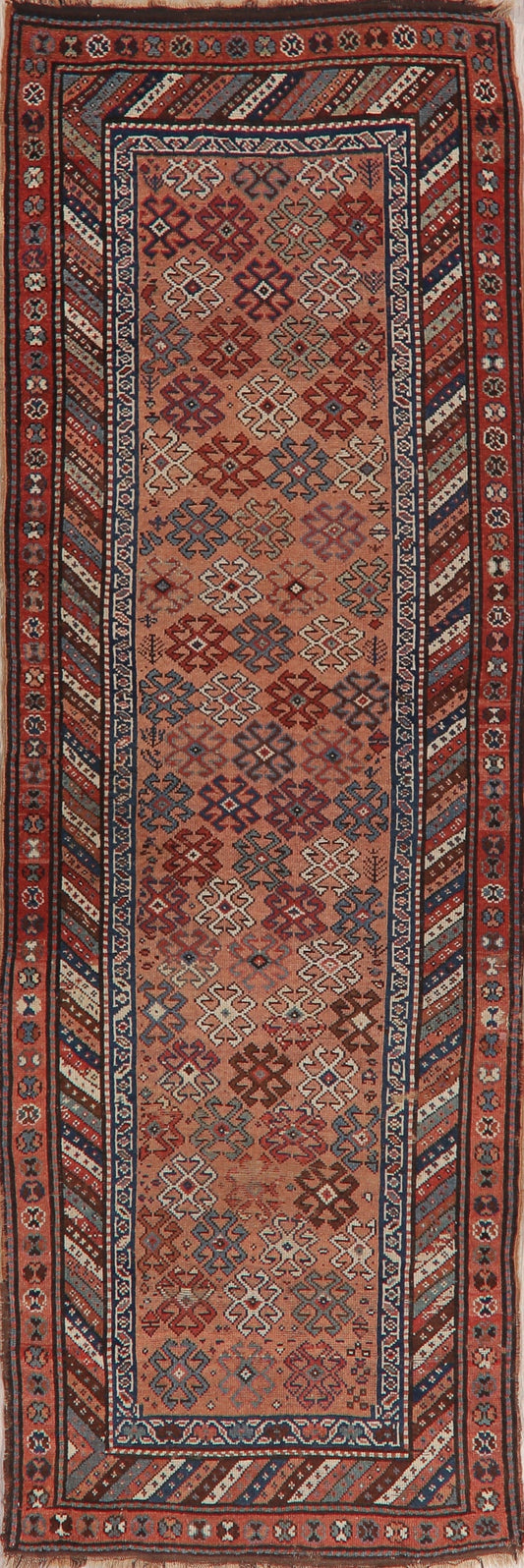 Antique Vegetable Dye Coral Kazak Caucasian Runner Rug 4x11