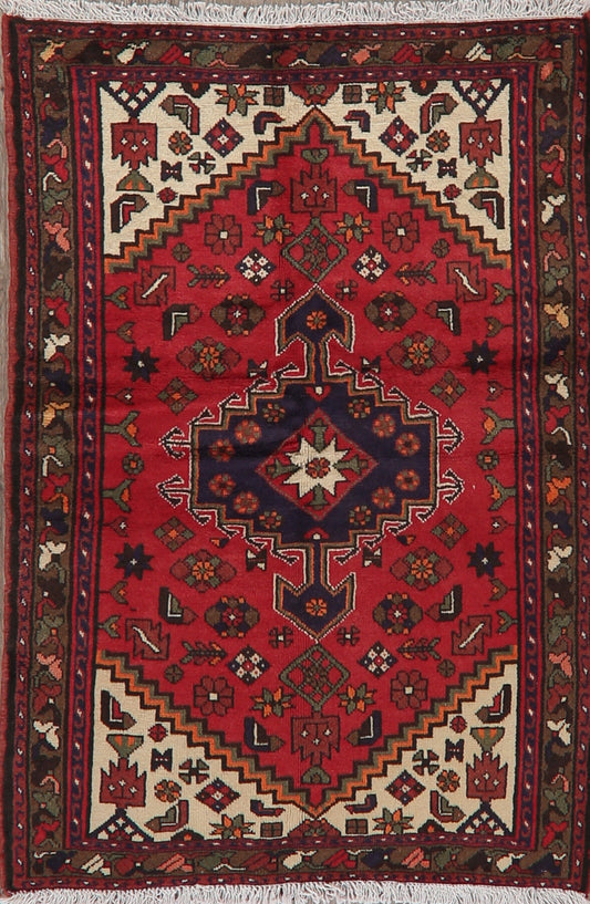 Geometric Red Hamedan Persian Wool Rug 3x5