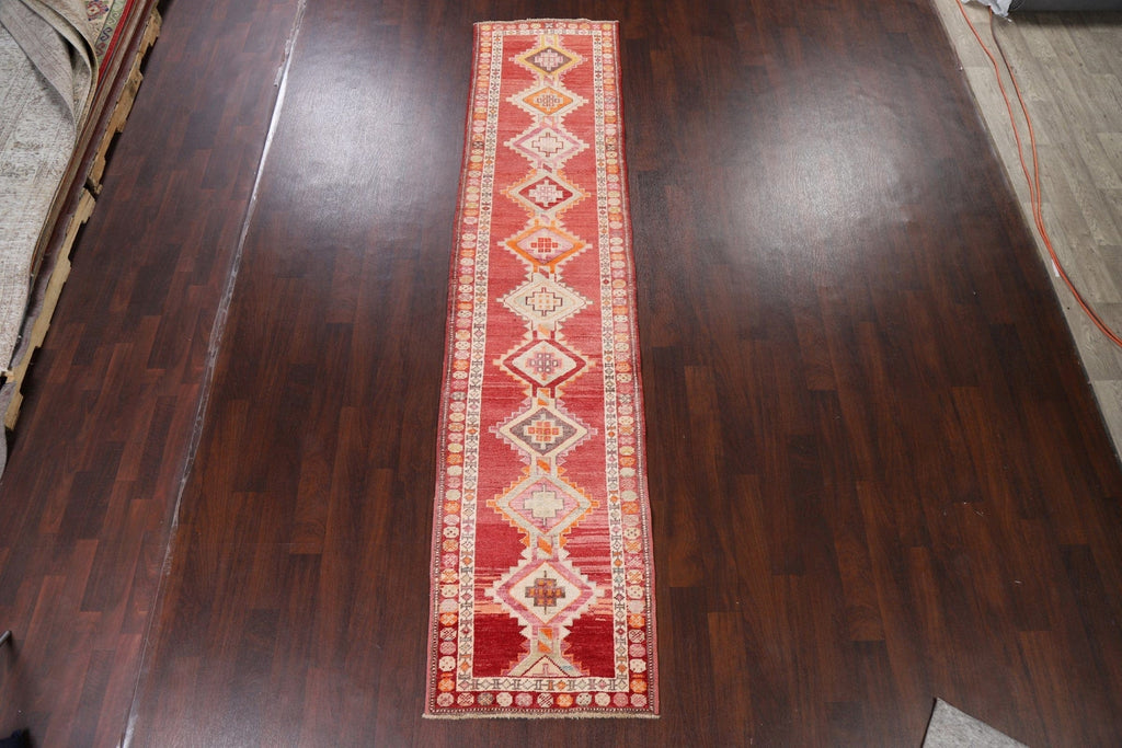 Geometric Red Anatolian Oriental Runner Rug 3x12