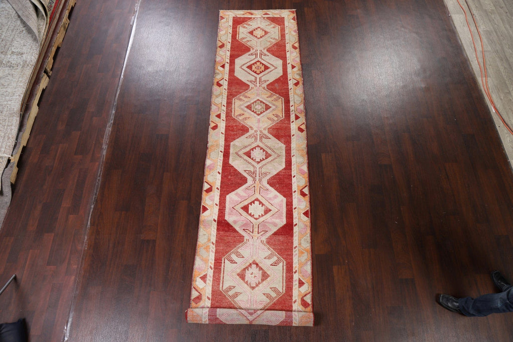 Geometric Red Anatolian Oriental Runner Rug 3x13