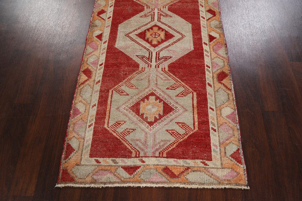 Geometric Red Anatolian Oriental Runner Rug 3x13