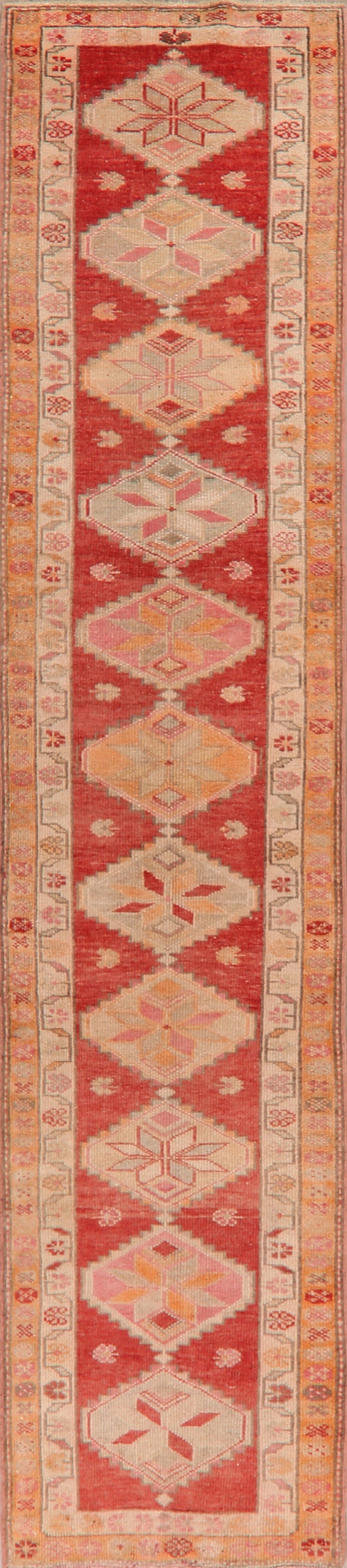 Geometric Red Anatolian Oriental Runner Rug 3x13