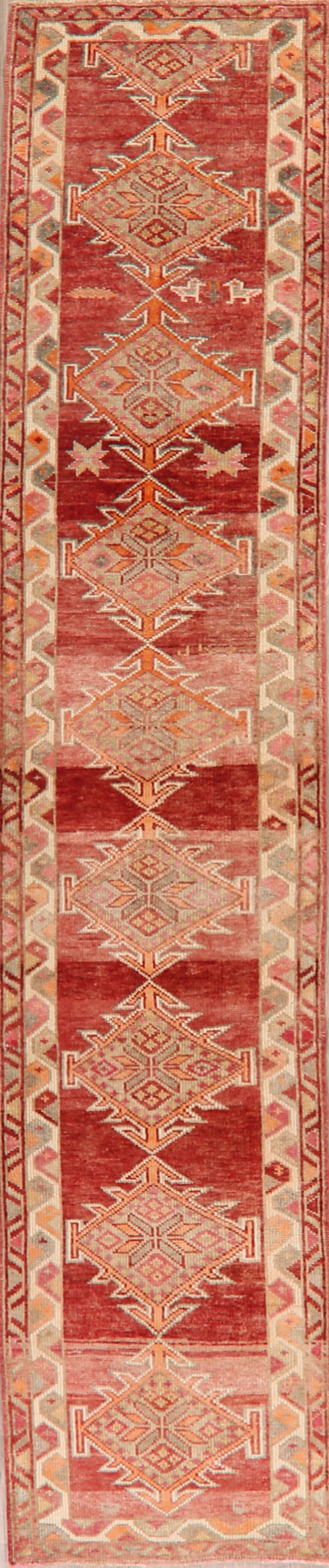 Distressed Geometric Anatolian Oriental Runner Rug 3x12