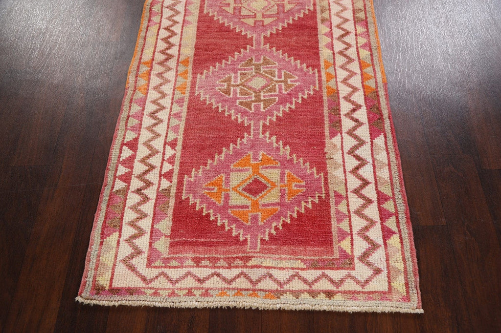 Geometric Red Anatolian Oriental Runner Rug 3x13