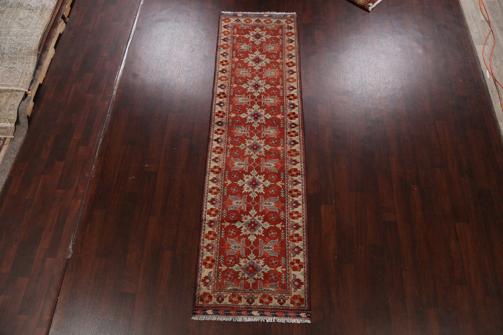 Geometric Red Super Kazak Oriental Runner Rug 3x10