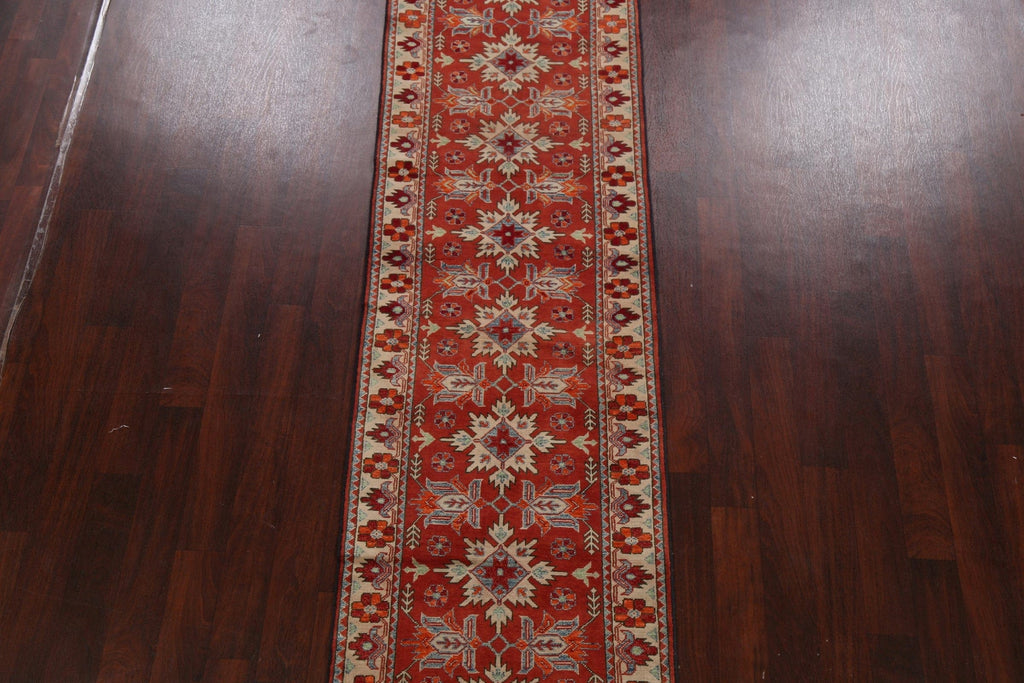 Geometric Red Super Kazak Oriental Runner Rug 3x10