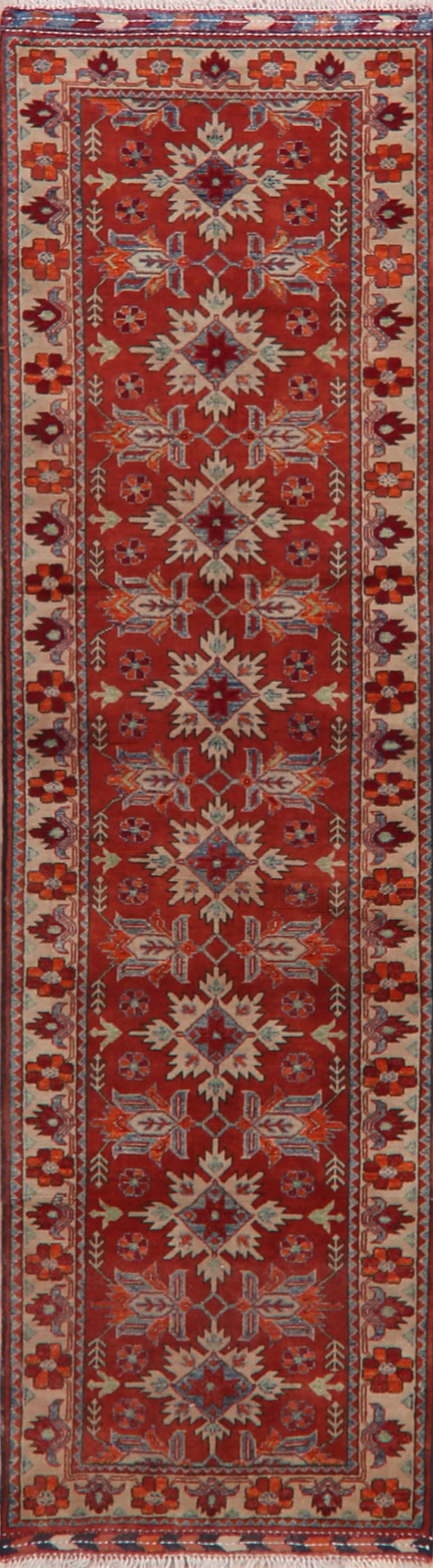 Geometric Red Super Kazak Oriental Runner Rug 3x10