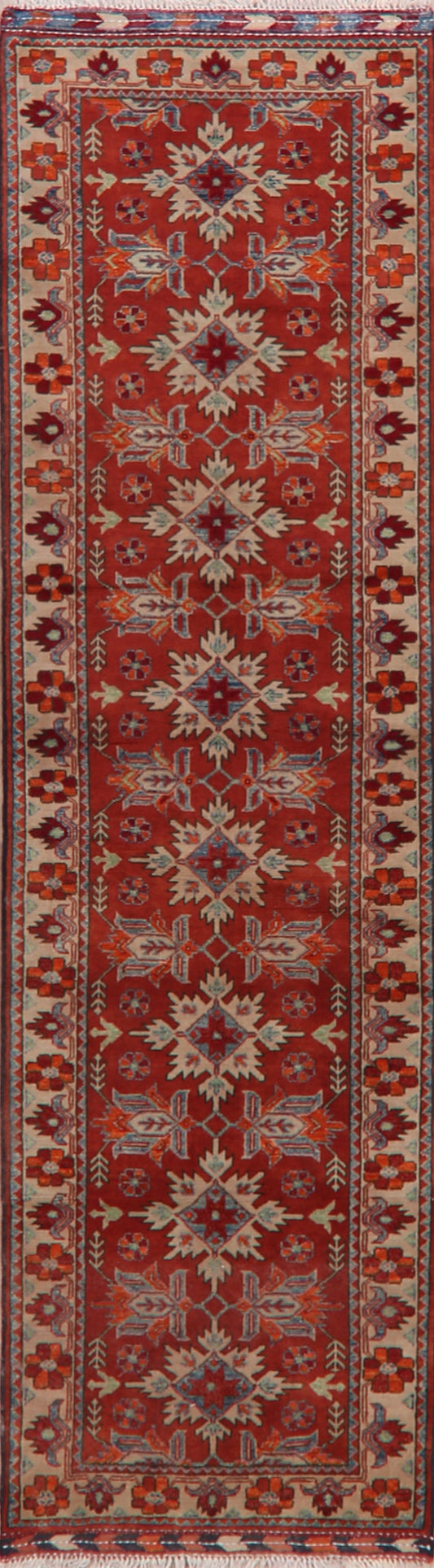 Geometric Red Super Kazak Oriental Runner Rug 3x10