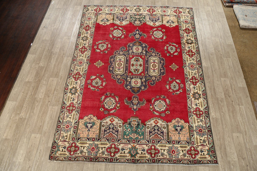 Vintage Geometric Red Tabriz Persian Area Rug 8x11