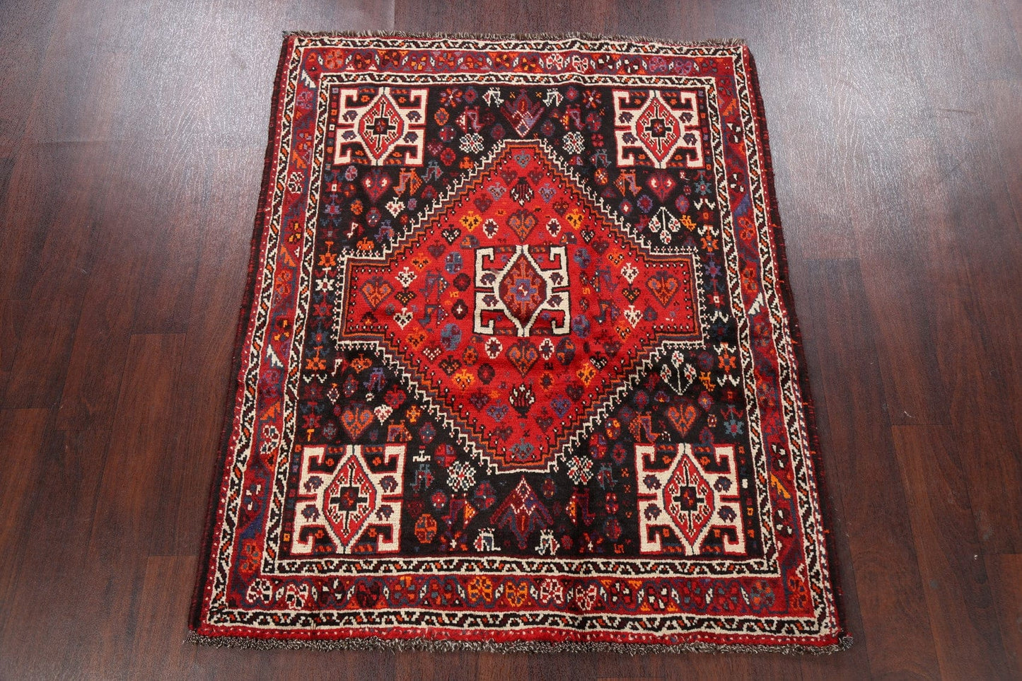 Vintage Tribal Geometric Shiraz Persian Area Rug 4x5