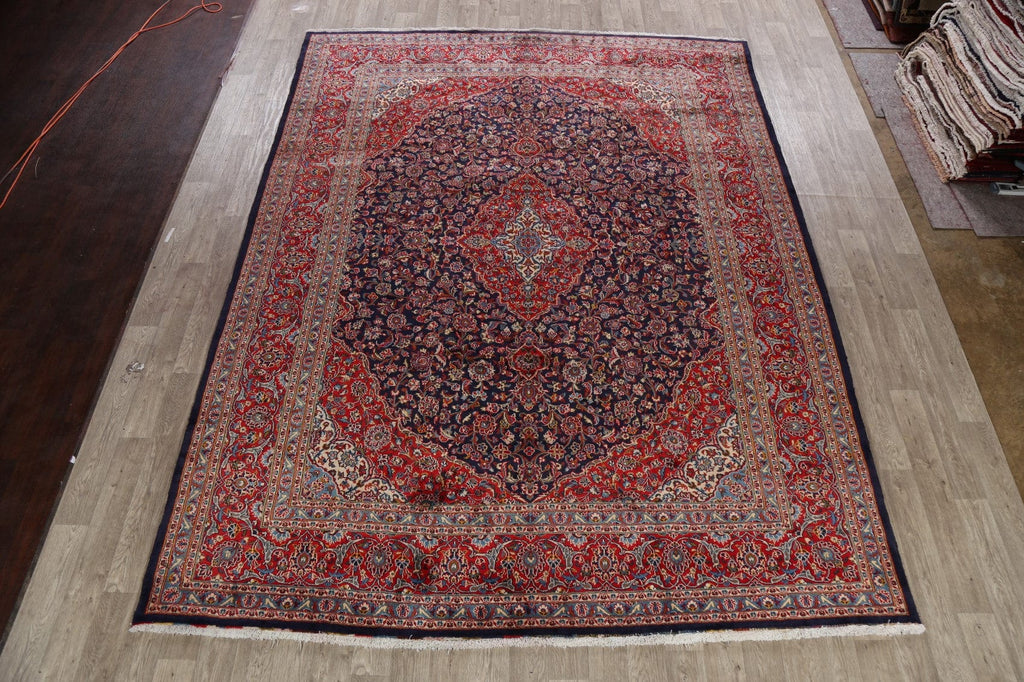 Vintage Navy Blue Floral Kashan Persian Area Rug 10x13