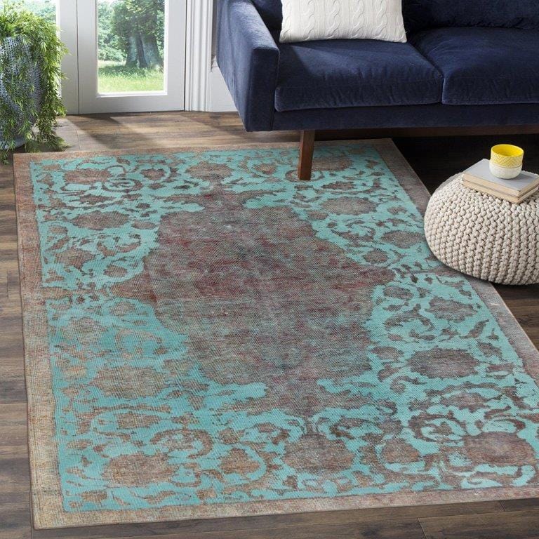 Vintage Overdye Collection Green Lamb's Wool Area Rug- 4'11" X 8' 9"