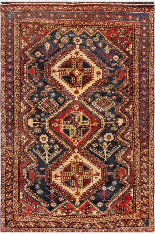 Vintage Qashgaie Collection Navy Lamb's Wool Area Rug- 4' 1" X 6' 4"