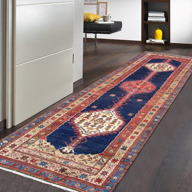 Vintage Ardabill Collection Navy Lamb's Wool Area Rug- 3' 1" X 11' 5"