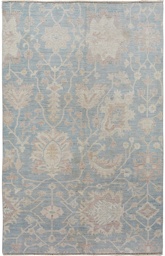 All-Over Blue Oushak Turkish Vegetable Dye Area Rug 5x9