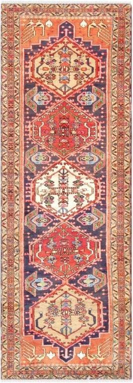 Vintage Hamadan Collection Navy Lamb's Wool Area Rug- 3' 2" X 9' 3"