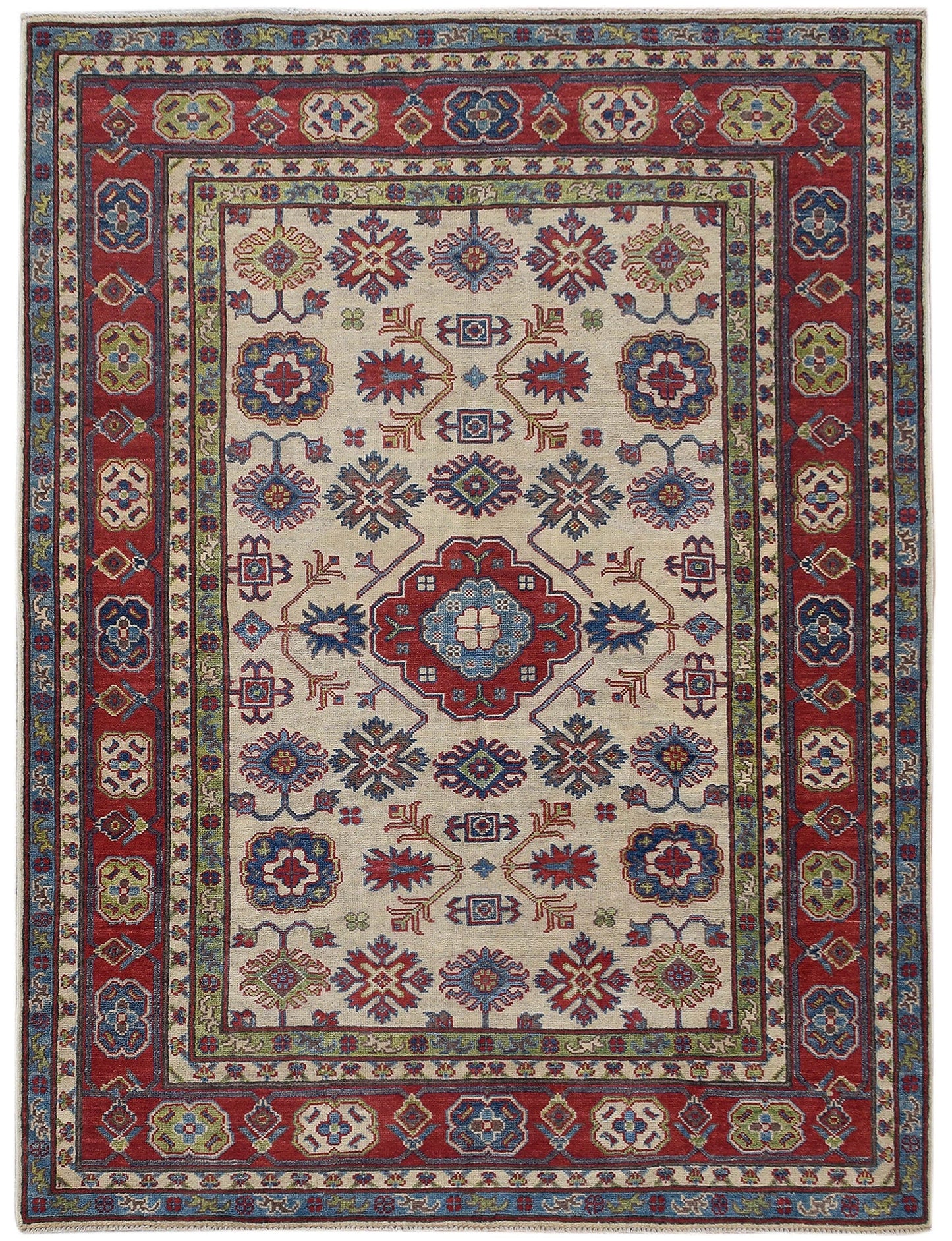 Geometric Ivory Super Kazak Oriental Area Rug 5x6