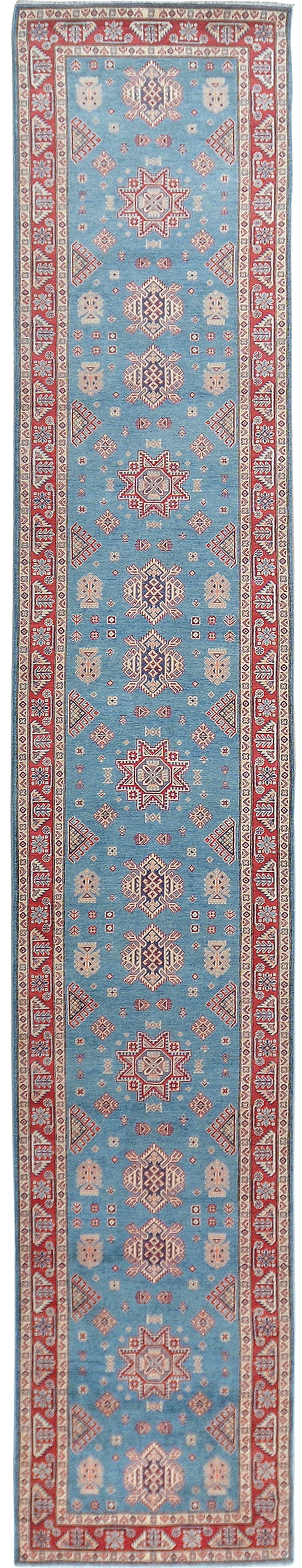 All-Over Geometric Super Kazak Oriental Runner Rug 4x24