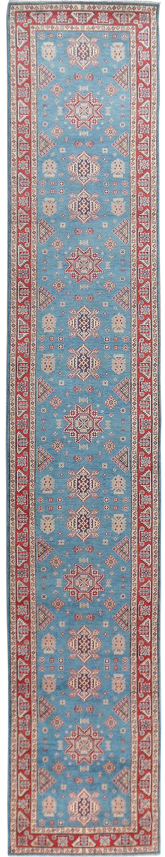 All-Over Geometric Super Kazak Oriental Runner Rug 4x24