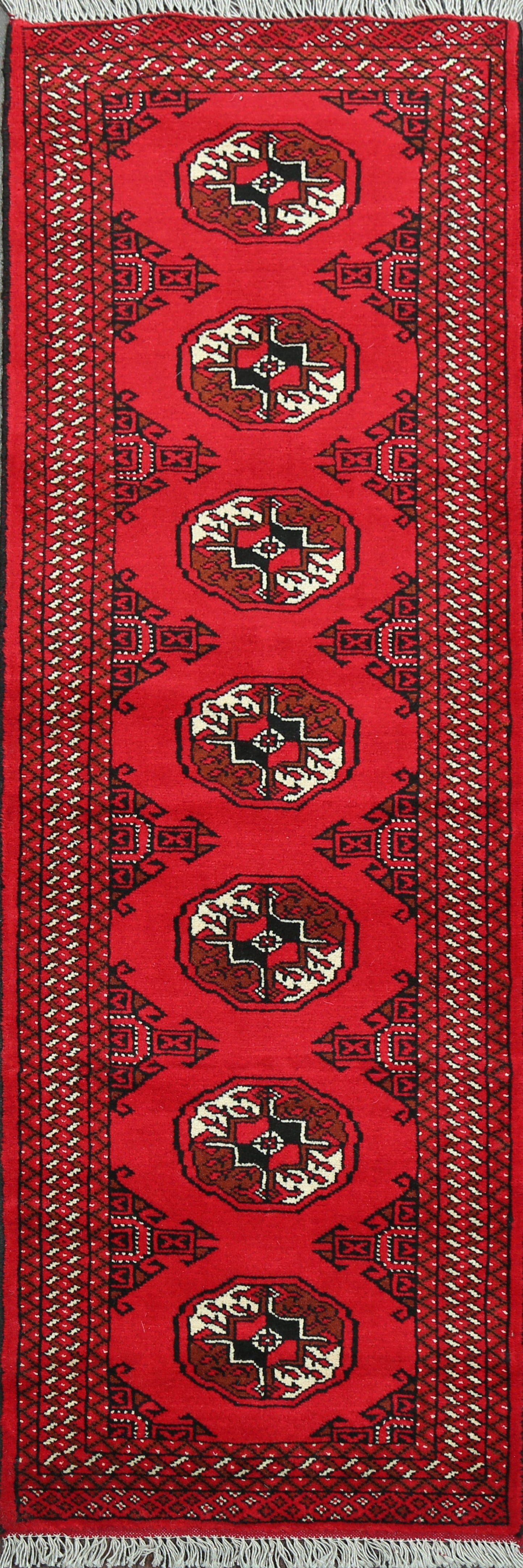 Geometric Red Bokhara Oriental Runner Rug 2x7