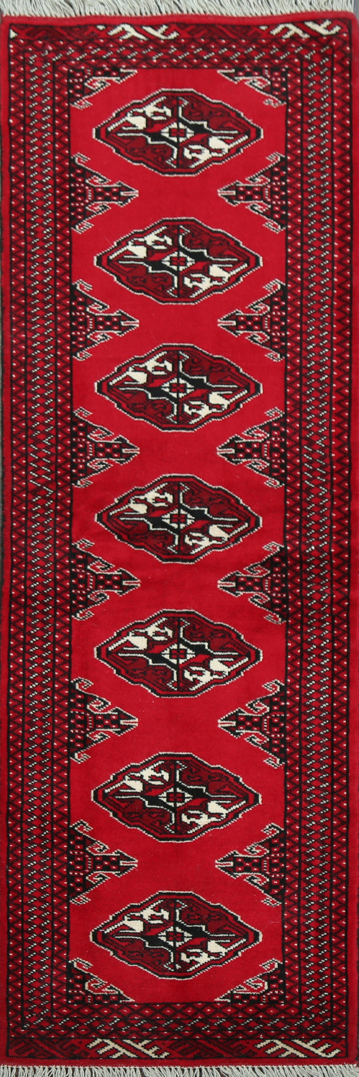 Geometric Red Bokhara Oriental Runner Rug 2x7