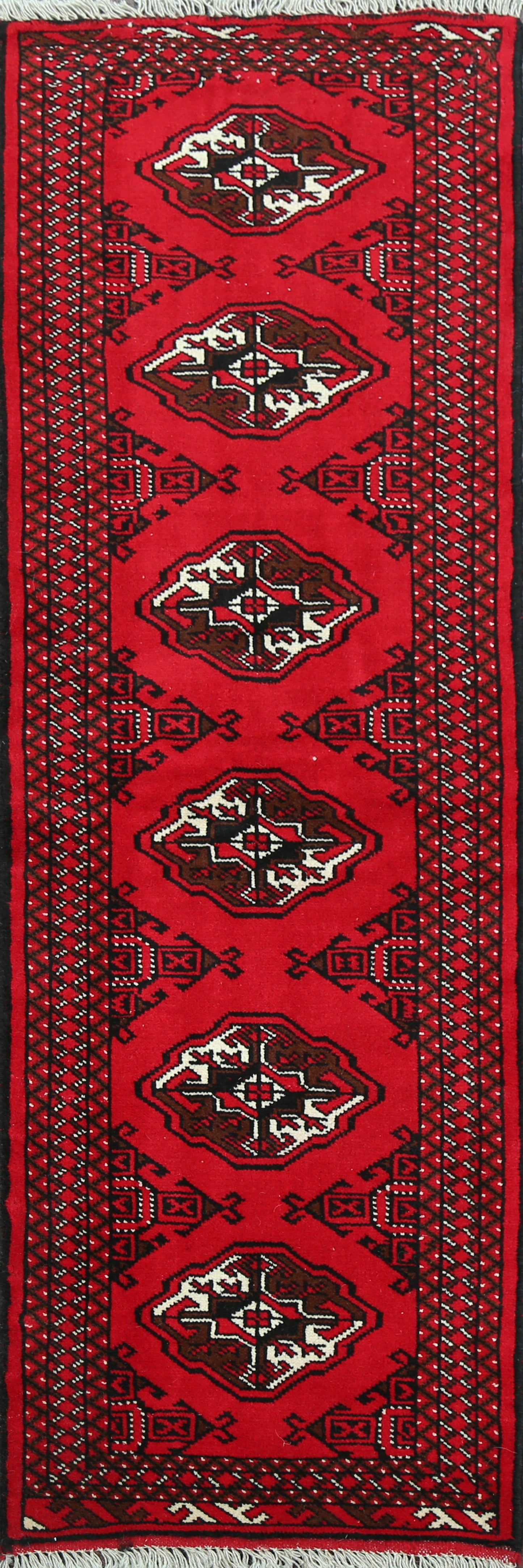 Geometric Red Bokhara Oriental Runner Rug 2x6