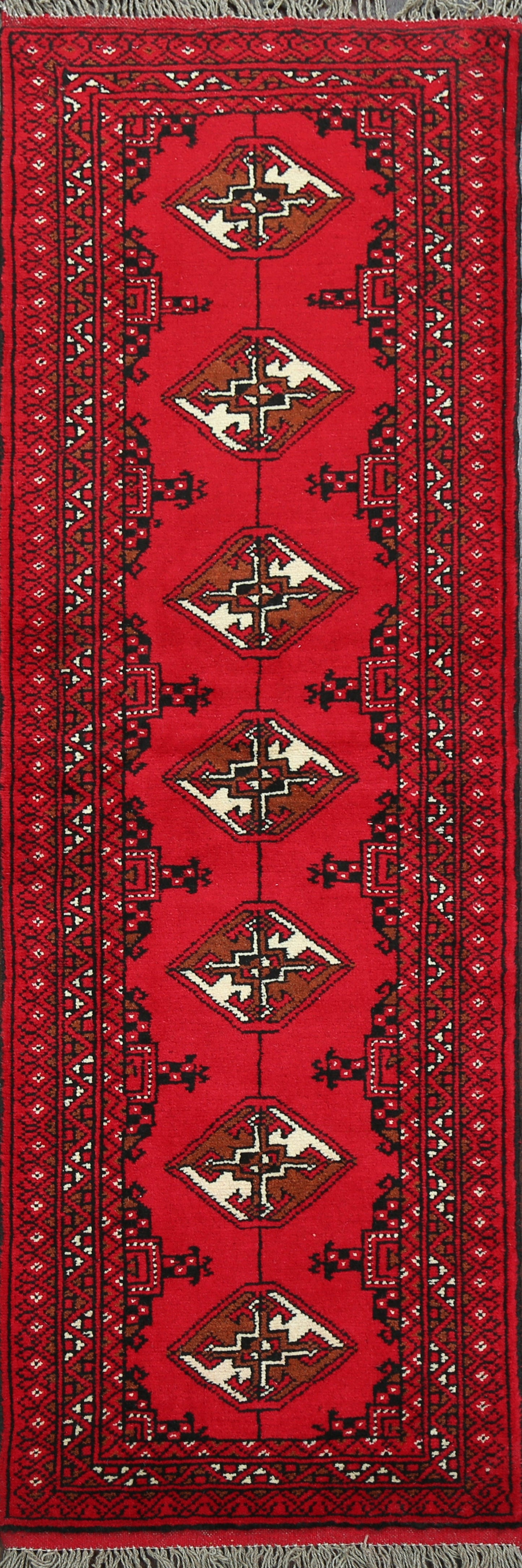 Geometric Red Bokhara Oriental Runner Rug 2x6