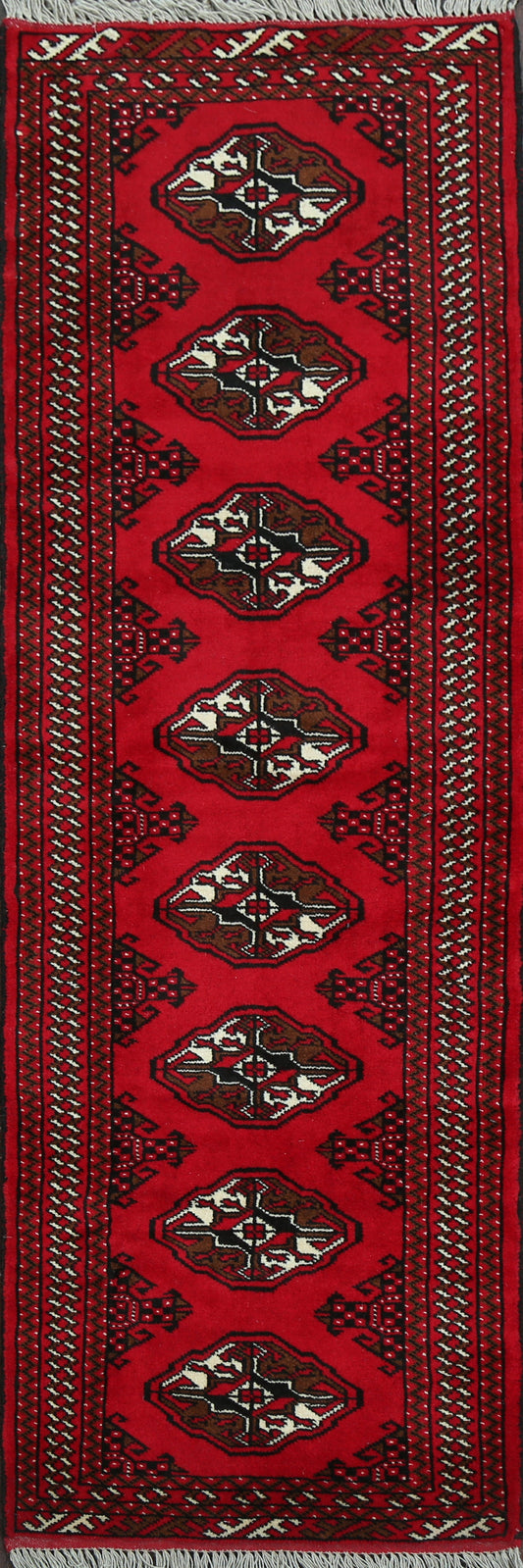 Geometric Red Bokhara Oriental Runner Rug 2x7