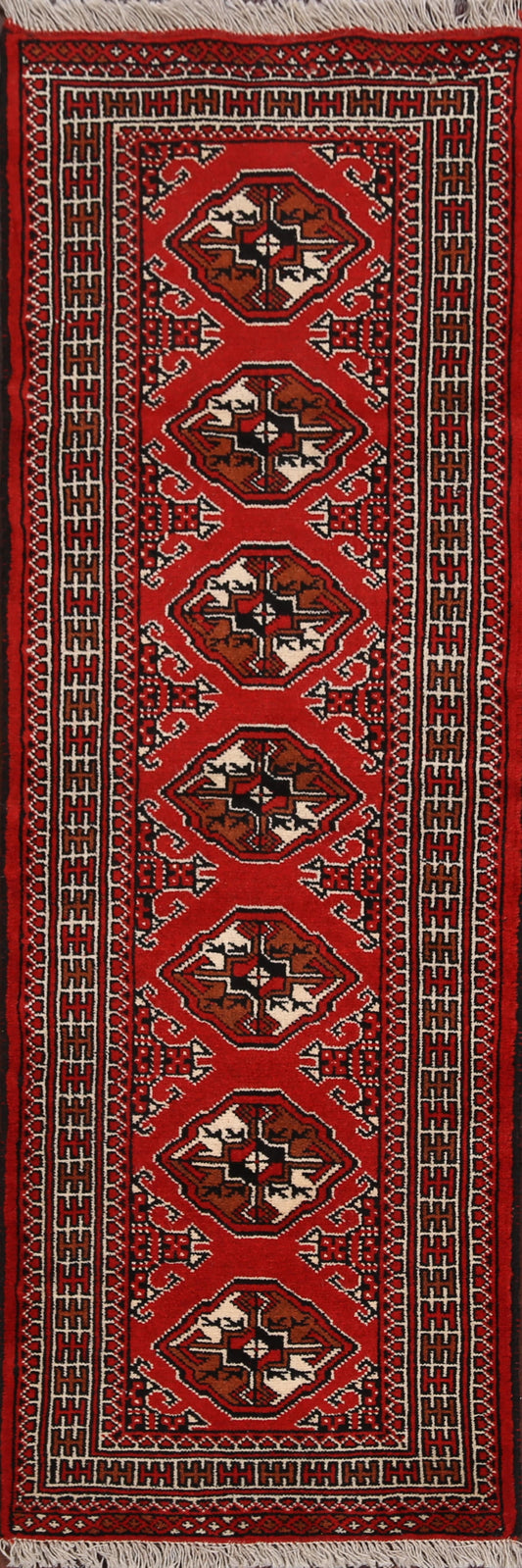 Geometric Red Bokhara Oriental Runner Rug 2x6