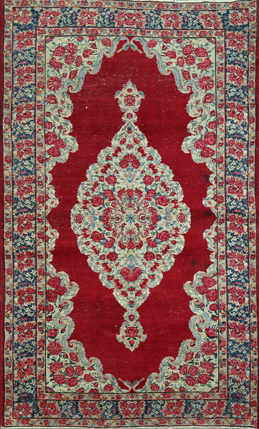 Antique Floral Red Kerman Persian Area Rug 4x7