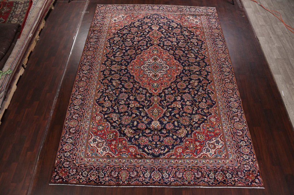 Vintage Floral Navy Blue Kashan Persian Area Rug 9x13