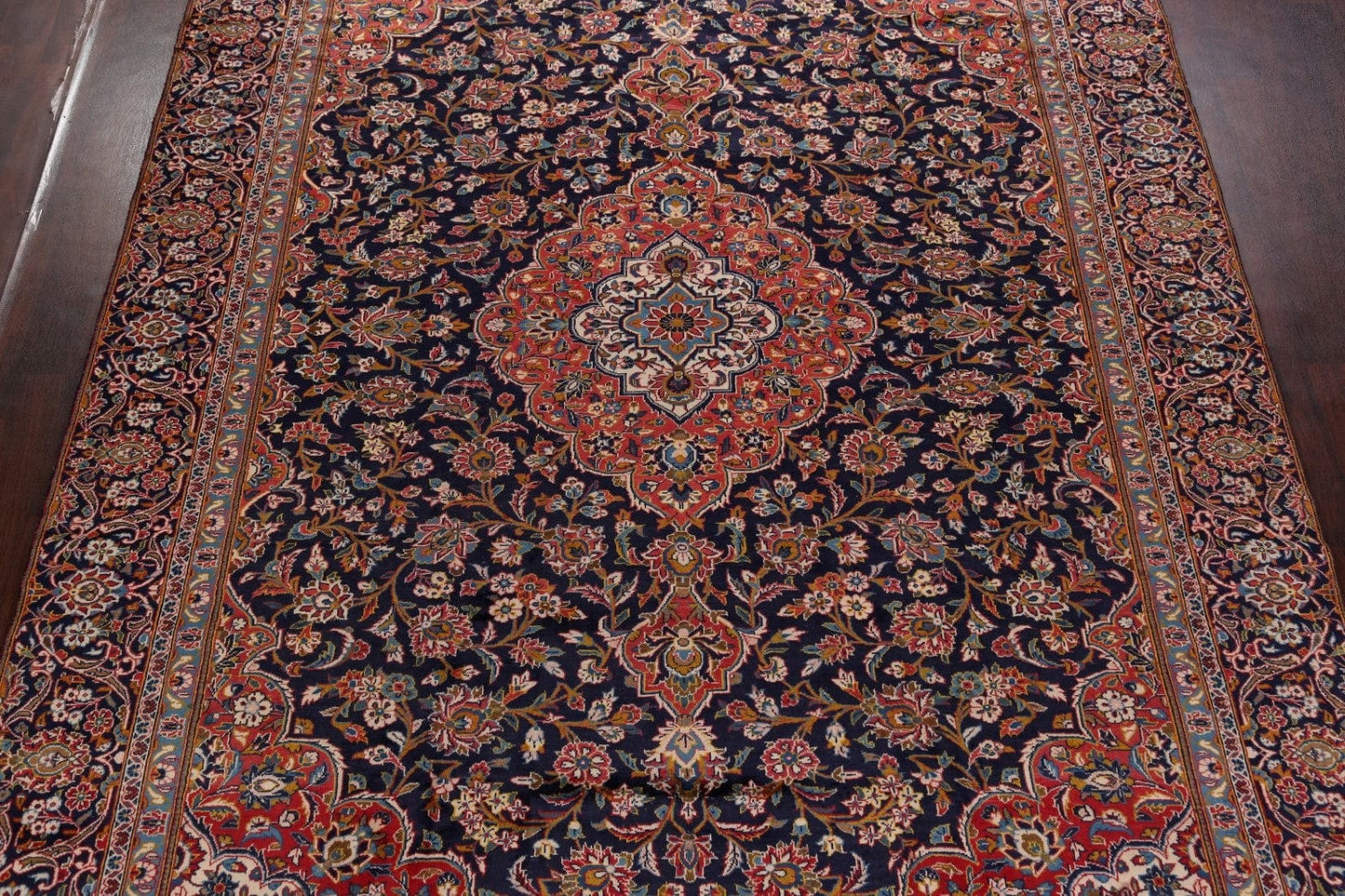 Vintage Floral Navy Blue Kashan Persian Area Rug 9x13