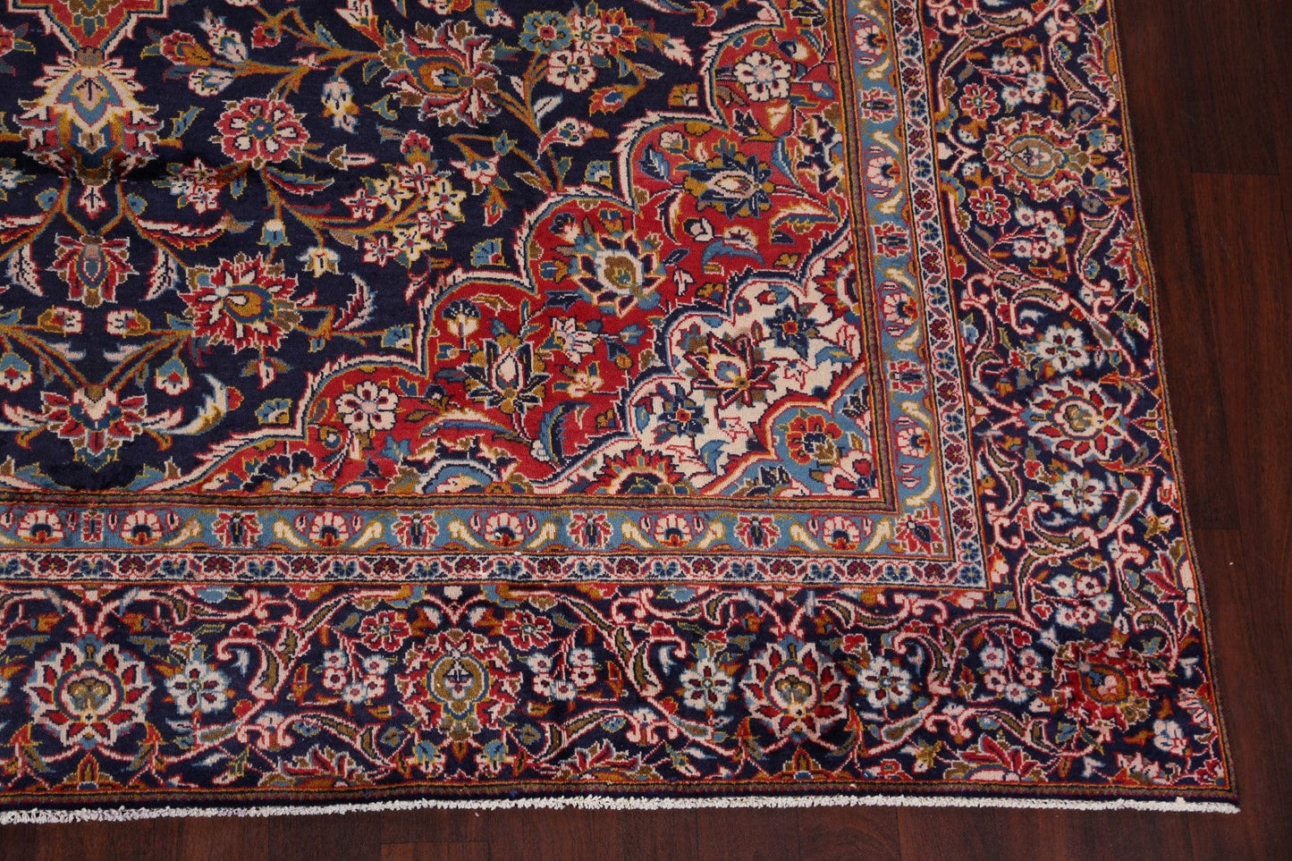 Vintage Floral Navy Blue Kashan Persian Area Rug 9x13