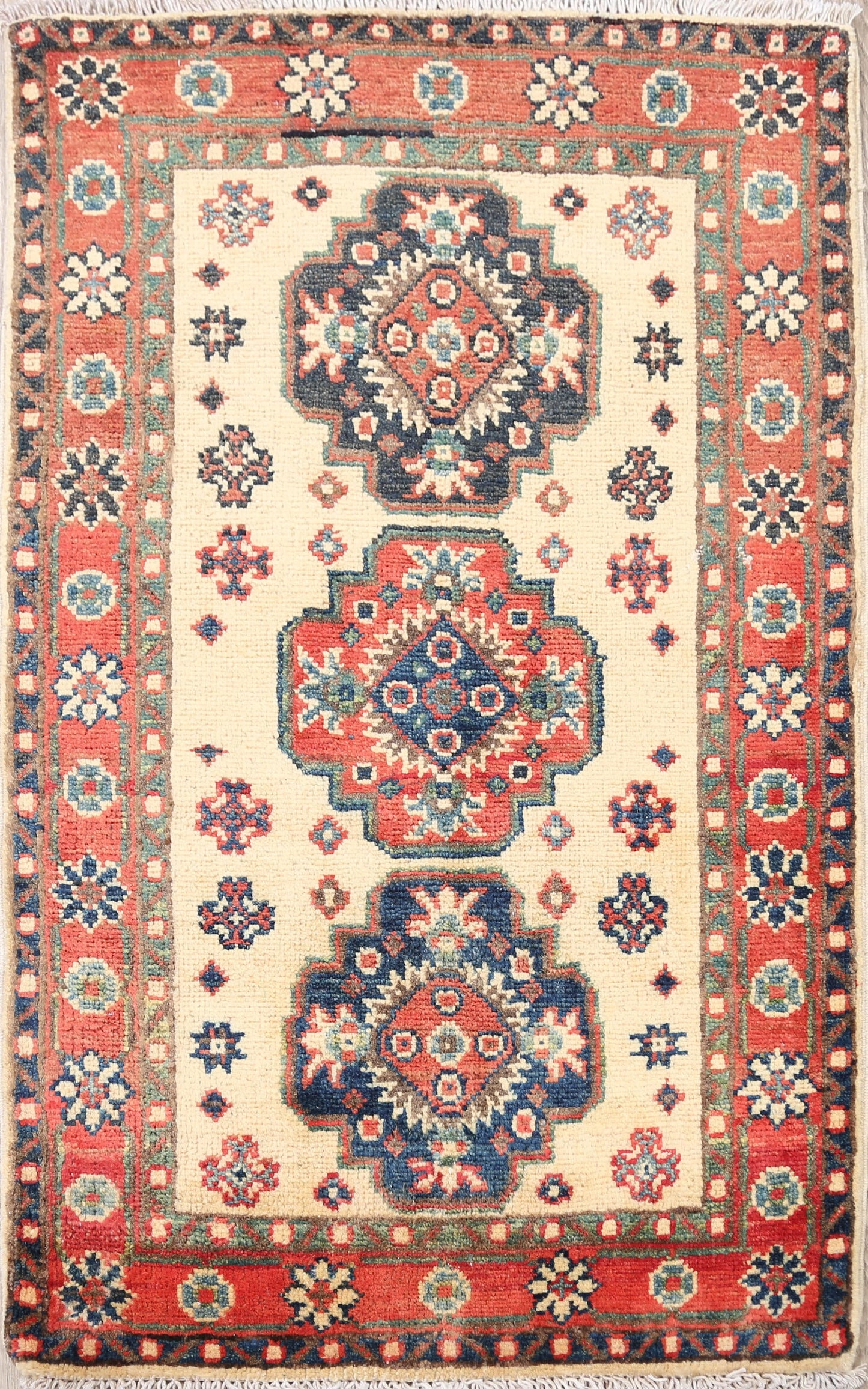 Geometric Ivory Super Kazak Oriental Area Rug 2x3