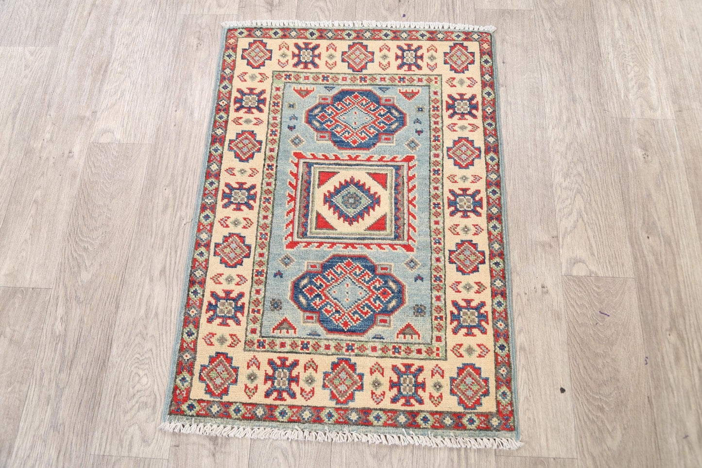 Geometric Light Blue Super Kazak Oriental Area Rug 2x3