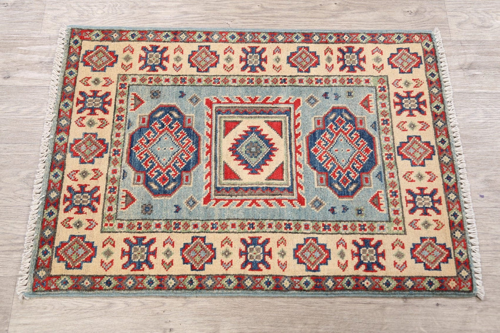 Geometric Light Blue Super Kazak Oriental Area Rug 2x3