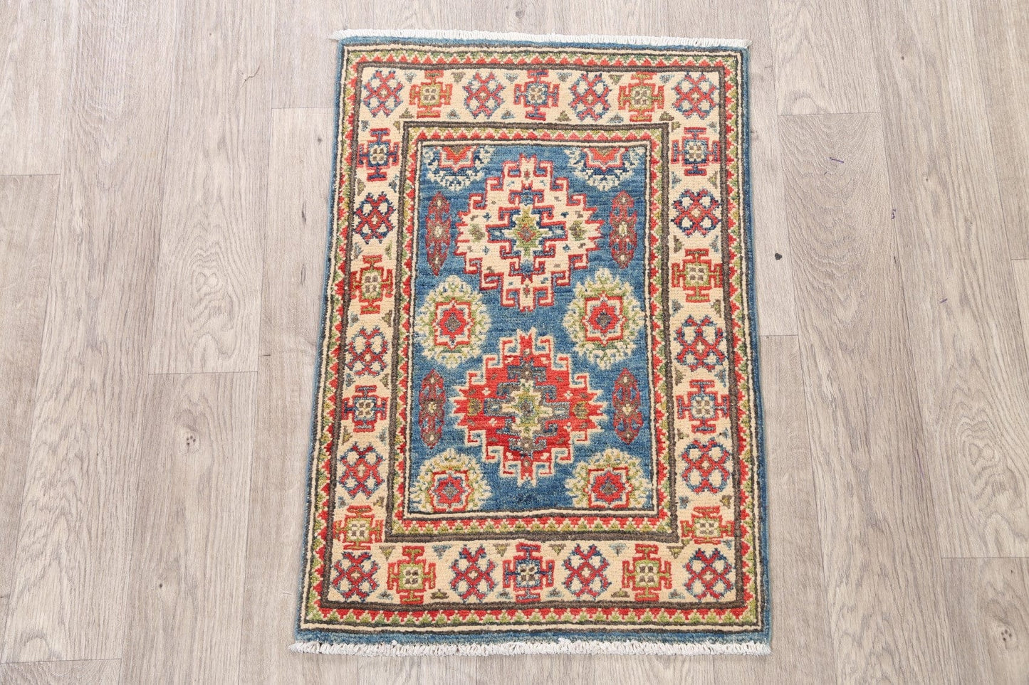 Geometric Blue Super Kazak Oriental Area Rug 2x3