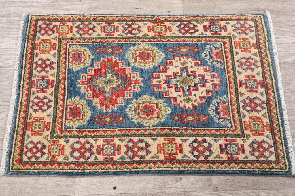 Geometric Blue Super Kazak Oriental Area Rug 2x3