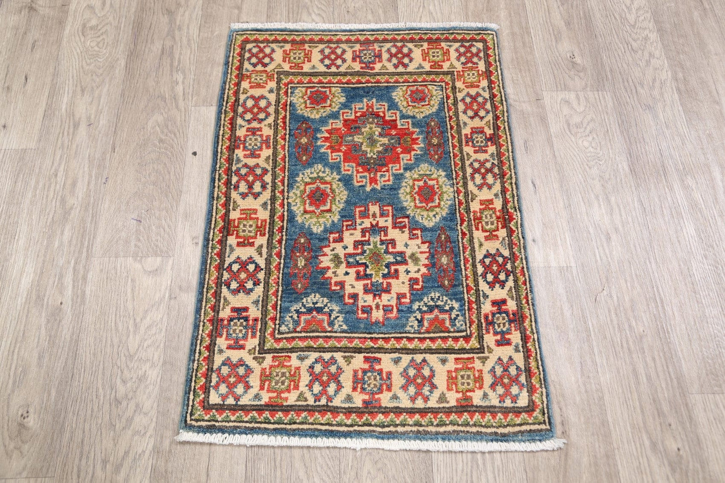 Geometric Blue Super Kazak Oriental Area Rug 2x3