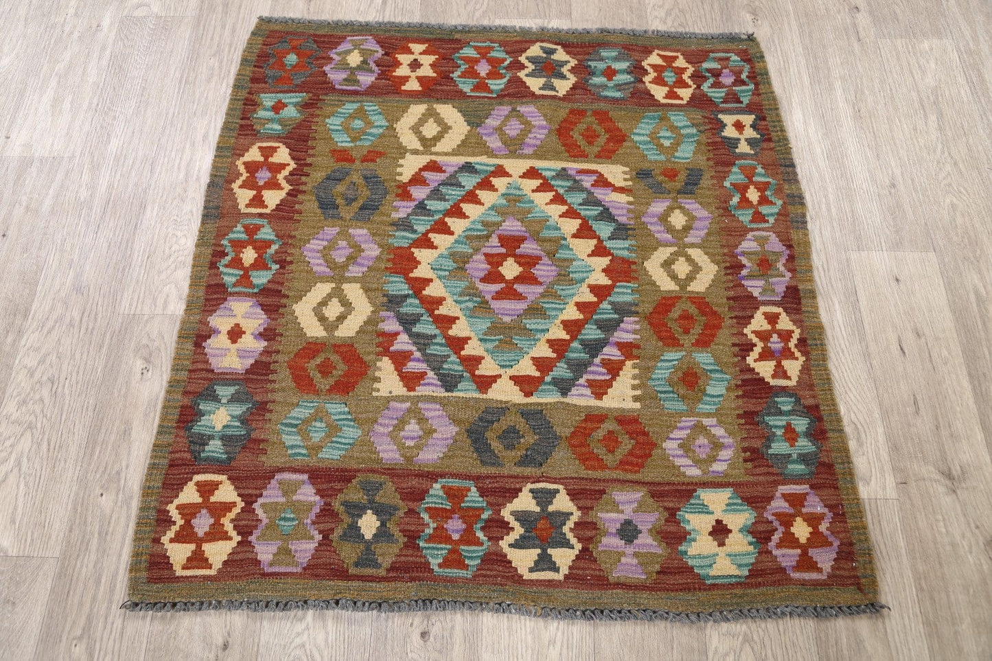 South-Western Geometric Kilim Oriental Area Rug 3x3 Square